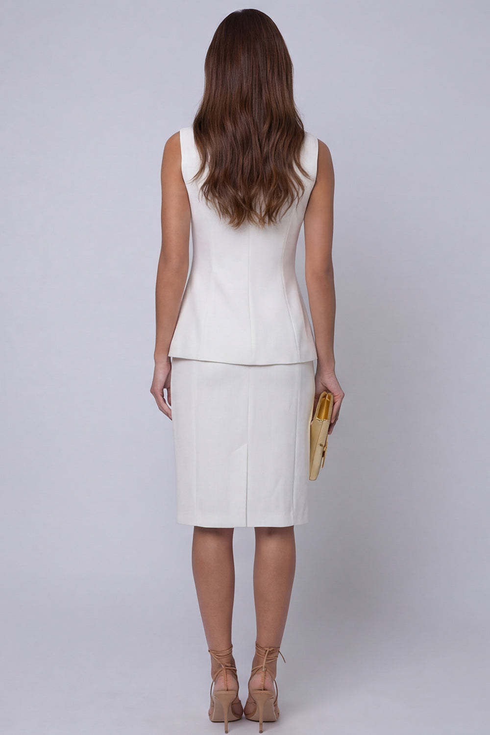 Ivory Sheath Single Breasted V Neck 2 Piece Work Dress