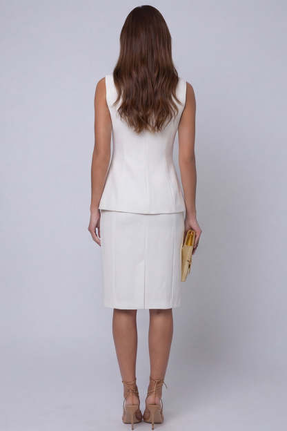 Ivory Sheath Single Breasted V Neck 2 Piece Work Dress