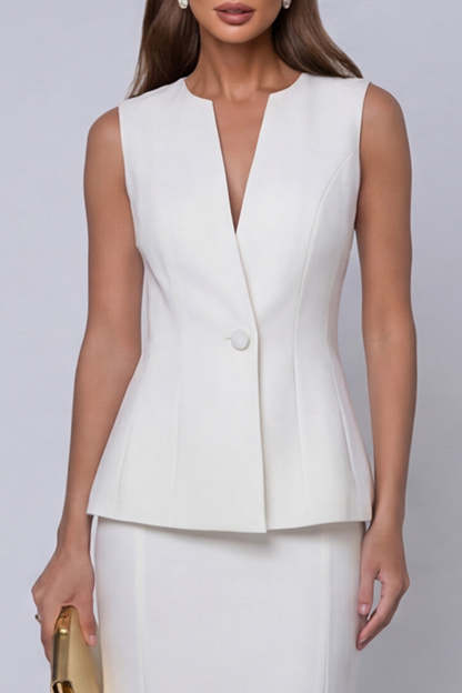Ivory Sheath Single Breasted V Neck 2 Piece Work Dress