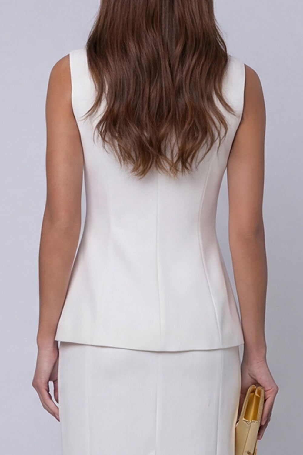 Ivory Sheath Single Breasted V Neck 2 Piece Work Dress