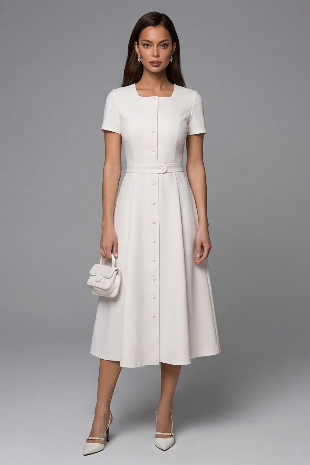 Ivory A Line Square Neck Breasted Short Sleeves Midi Work Dress