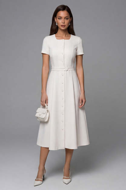 Leely Women Ivory Square Neck Breasted Midi Work Dress Short Sleeves A Line Office Dress