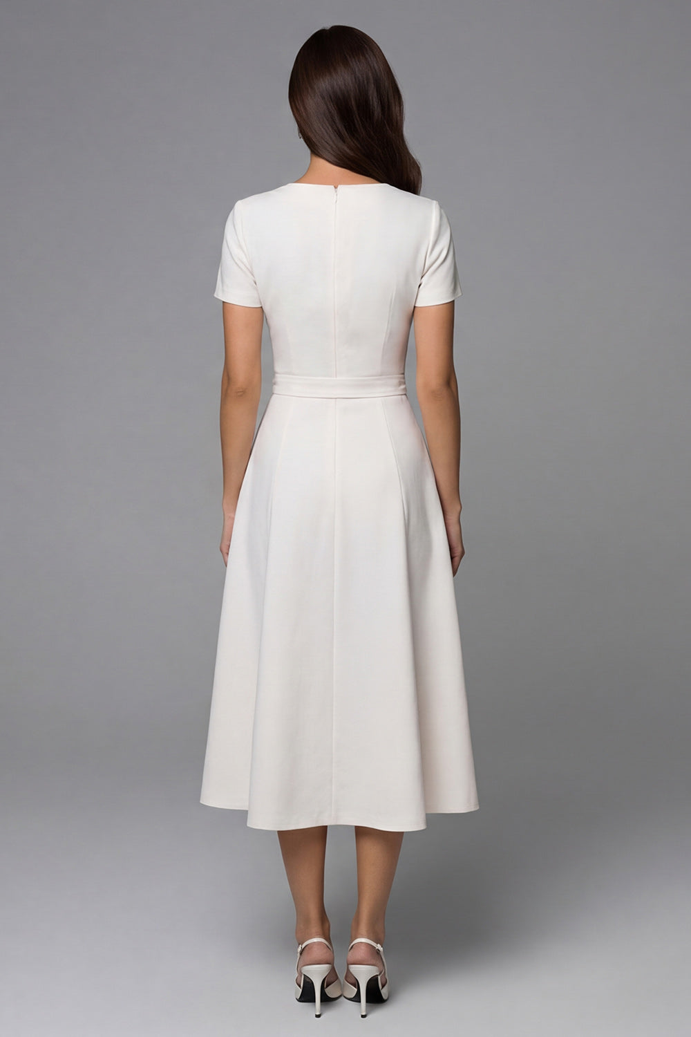 Ivory A Line Square Neck Breasted Short Sleeves Midi Work Dress