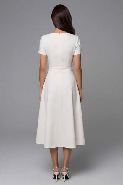 Ivory A Line Square Neck Breasted Short Sleeves Midi Work Dress