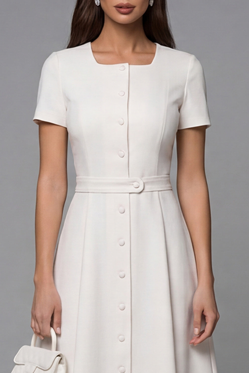 Ivory A Line Square Neck Breasted Short Sleeves Midi Work Dress