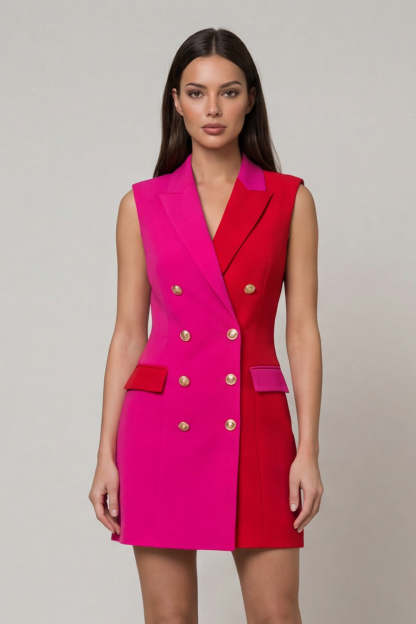 Leely Women Fuchsia and Red Bodycon Peak Lapel Short Work Dress Double Breasted Sleeveless Business Dress