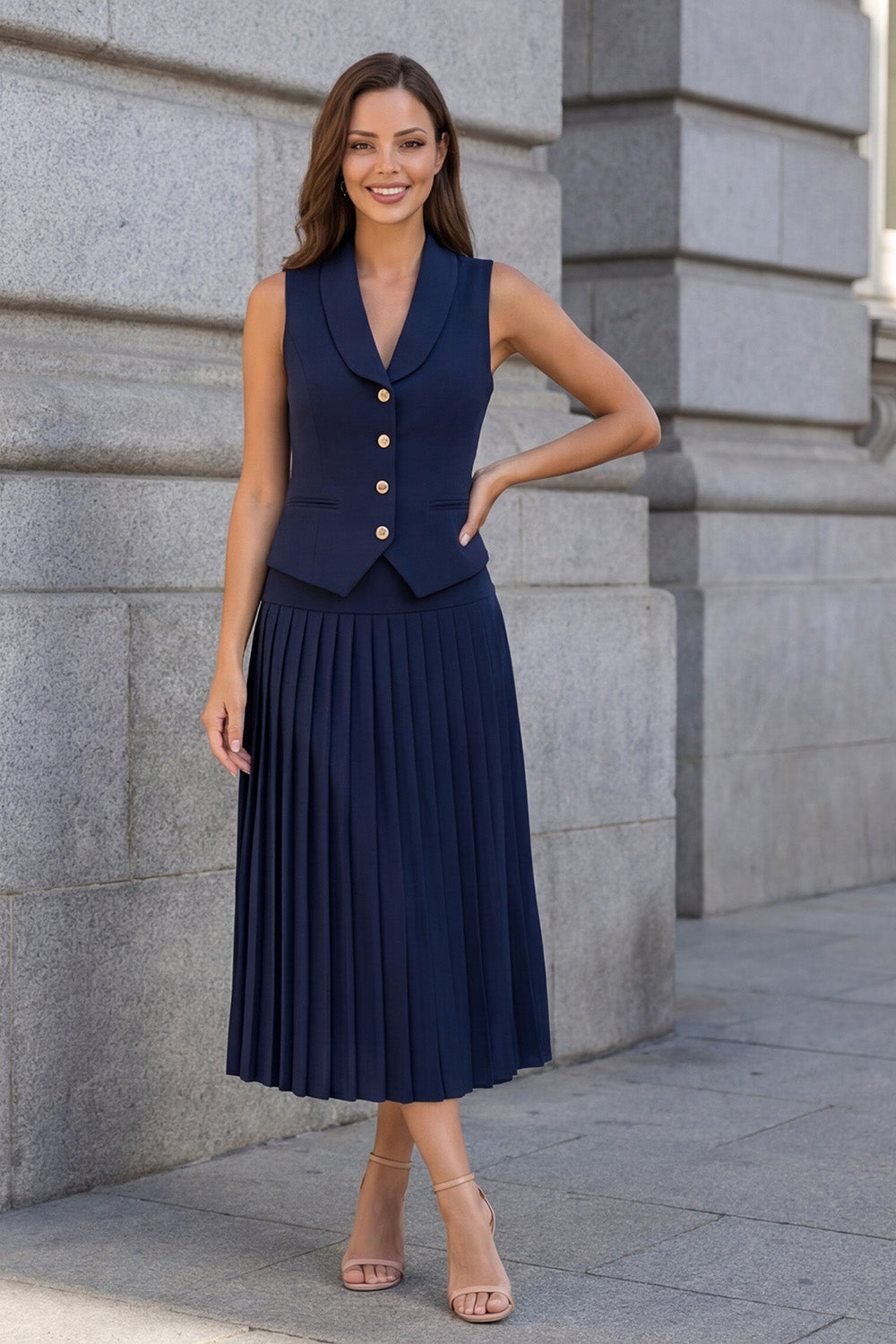 Leely Women Single Breasted Navy A Line Short Work Dress Sleeveless Pleated Business Dress
