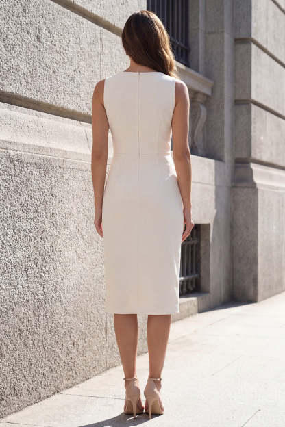 Ivory Ruched Sheath Midi Work Dress With Slit