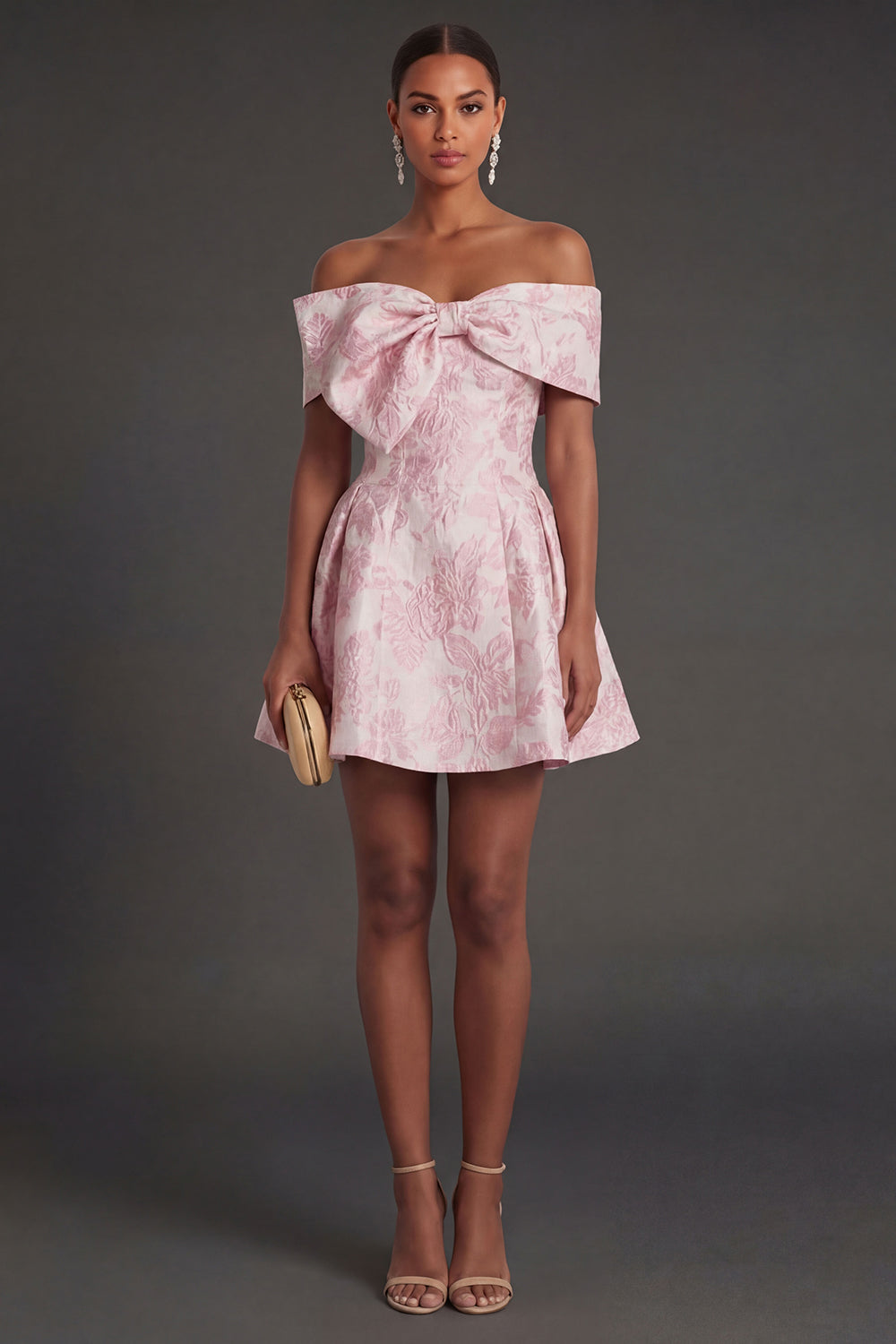Pink Jacquard Floral A Line Short Wedding Guest Dress