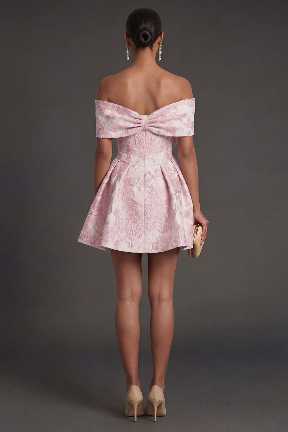 Pink Jacquard Floral A Line Short Wedding Guest Dress