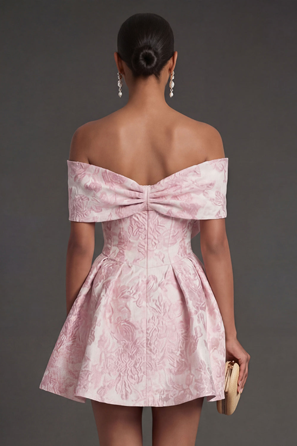 Pink Jacquard Floral A Line Short Wedding Guest Dress