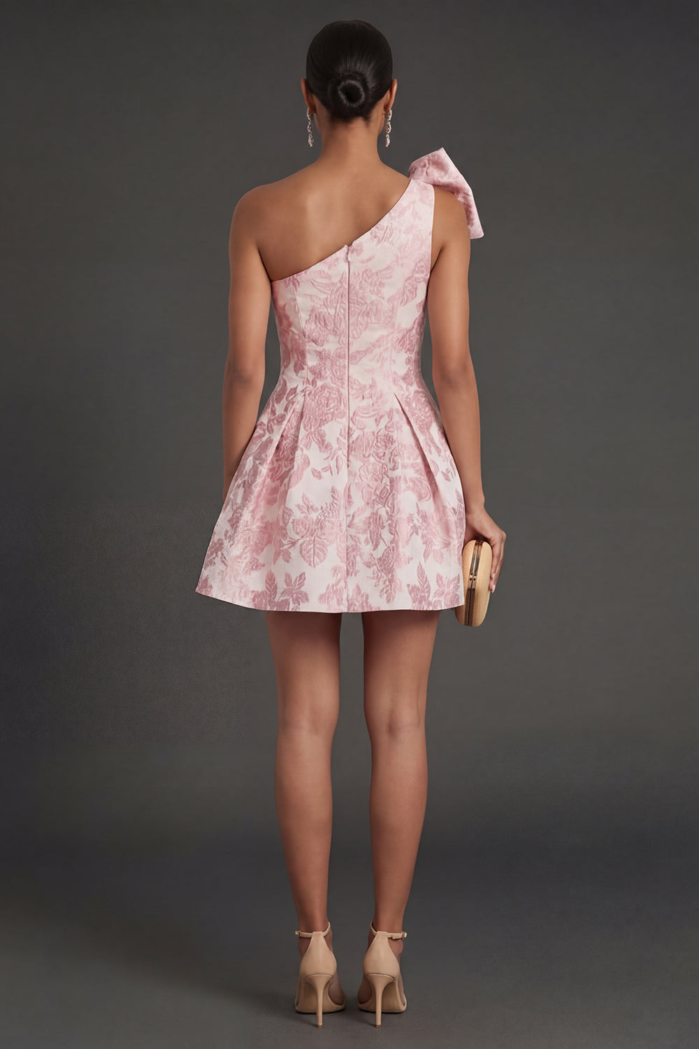 A Line Floral Pink Jacquard Short Summer Wedding Guest Dress with Bow