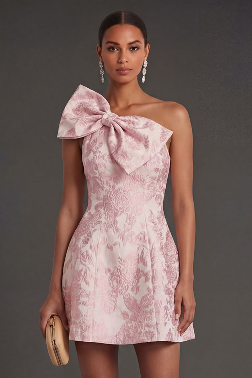 A Line Floral Pink Jacquard Short Summer Wedding Guest Dress with Bow