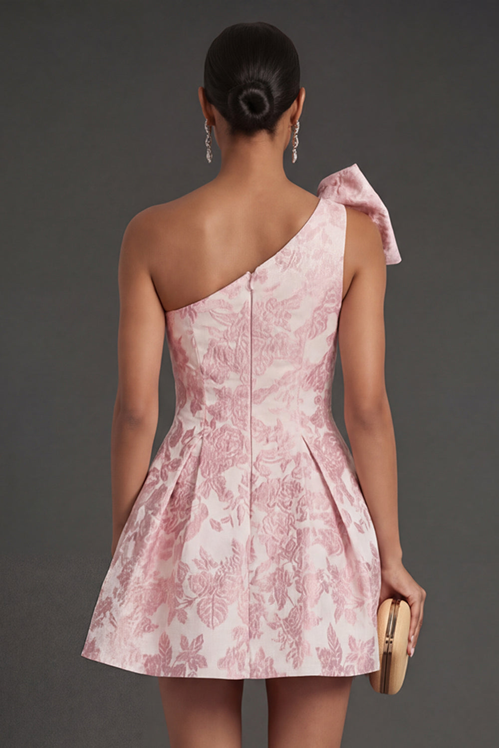 A Line Floral Pink Jacquard Short Summer Wedding Guest Dress with Bow