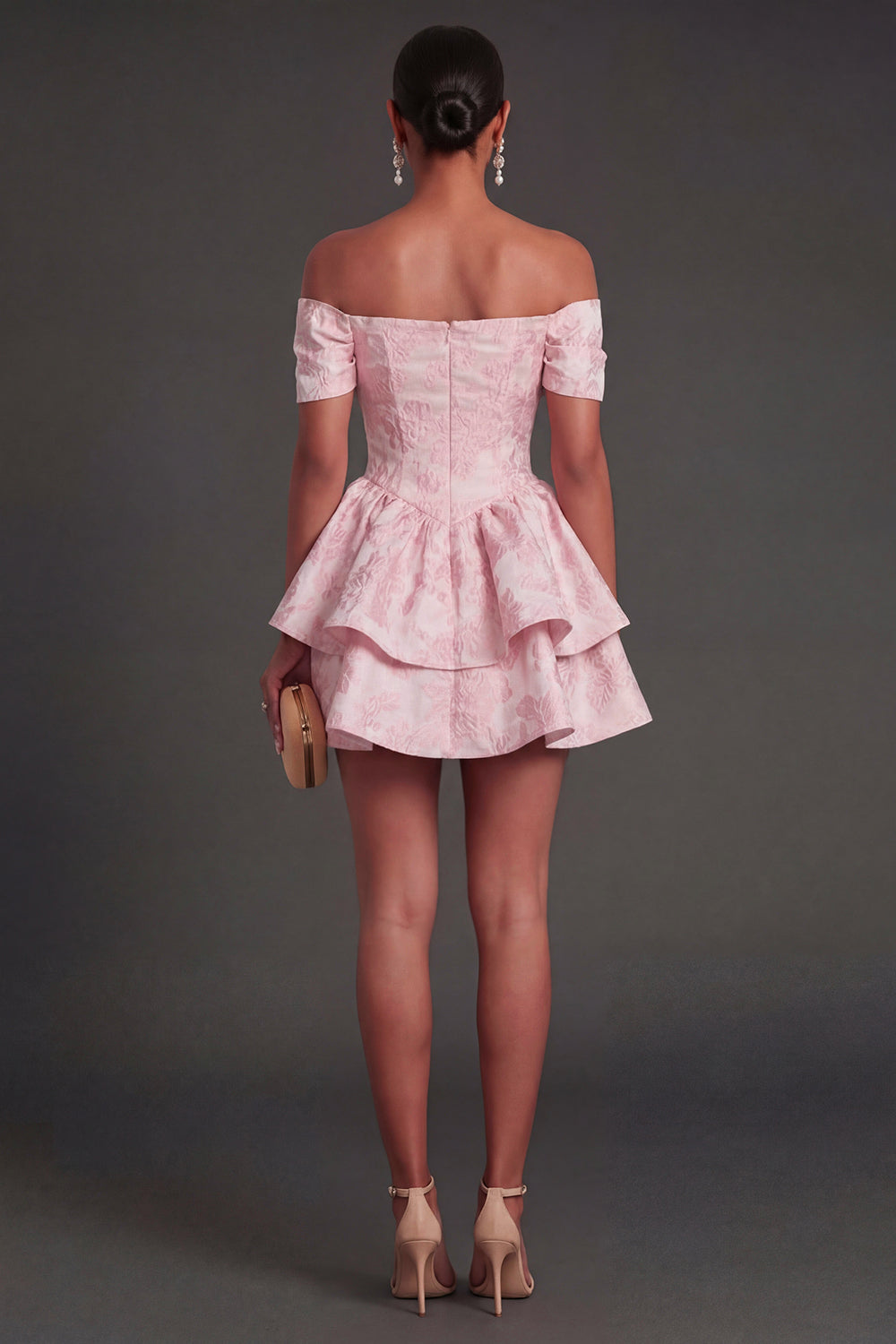 A Line Floral Jacquard Off the Shoulder Short Summer Wedding Guest Dress