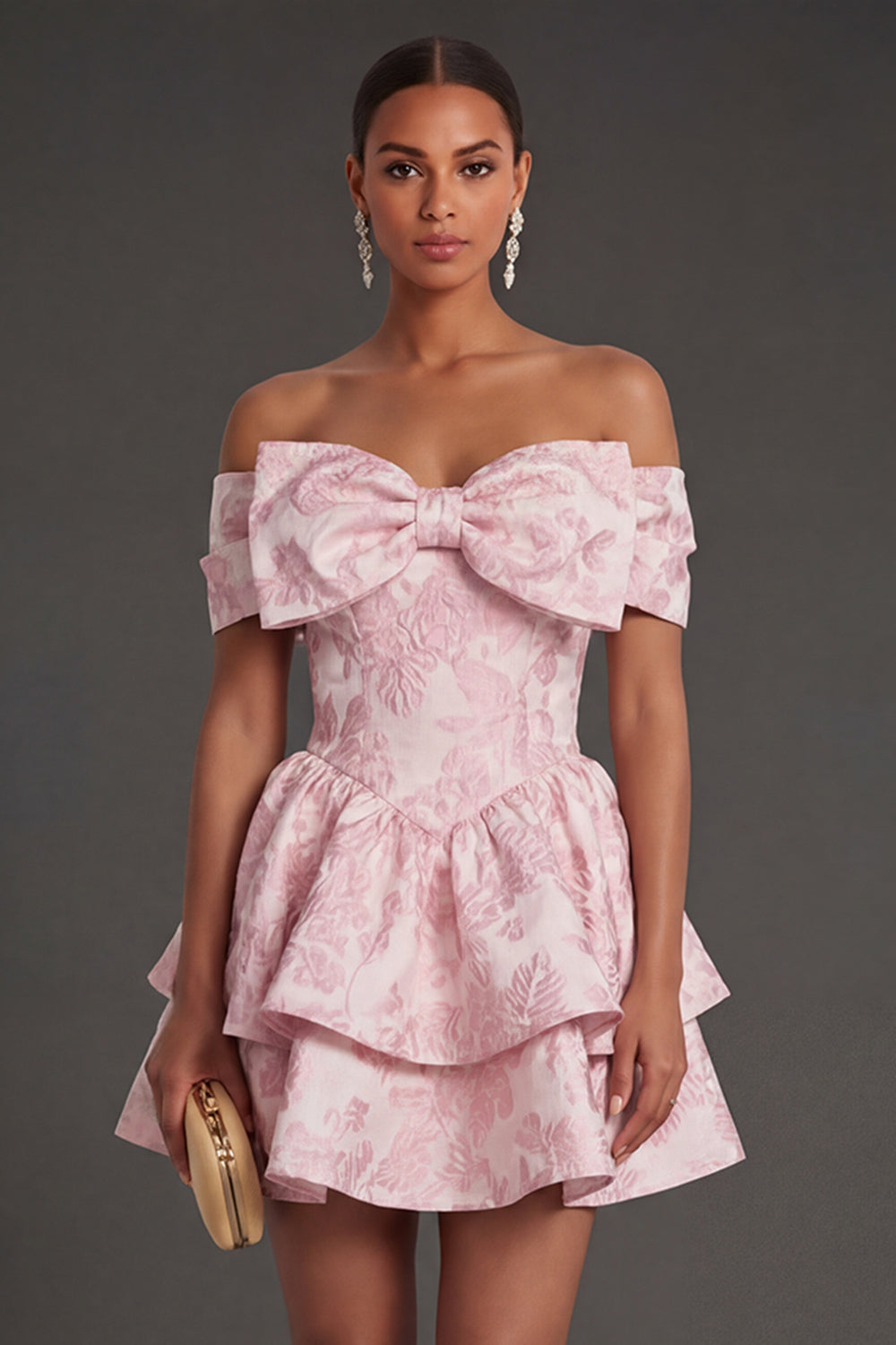 A Line Floral Jacquard Off the Shoulder Short Summer Wedding Guest Dress