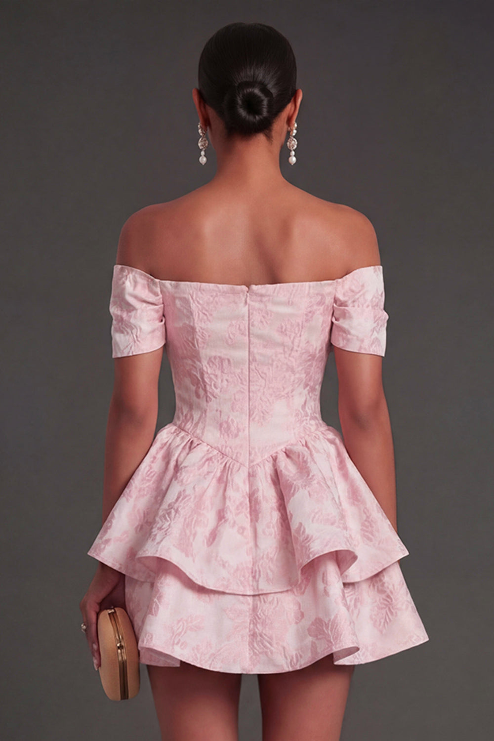 A Line Floral Jacquard Off the Shoulder Short Summer Wedding Guest Dress