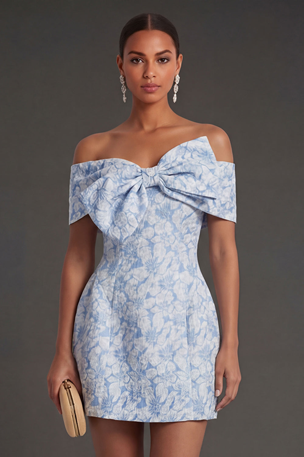 Leely Women Jacquard Pastel Blue Floral Short Summer Wedding Guest Dress Bodycon Off the Shoulder Homecoming Dress