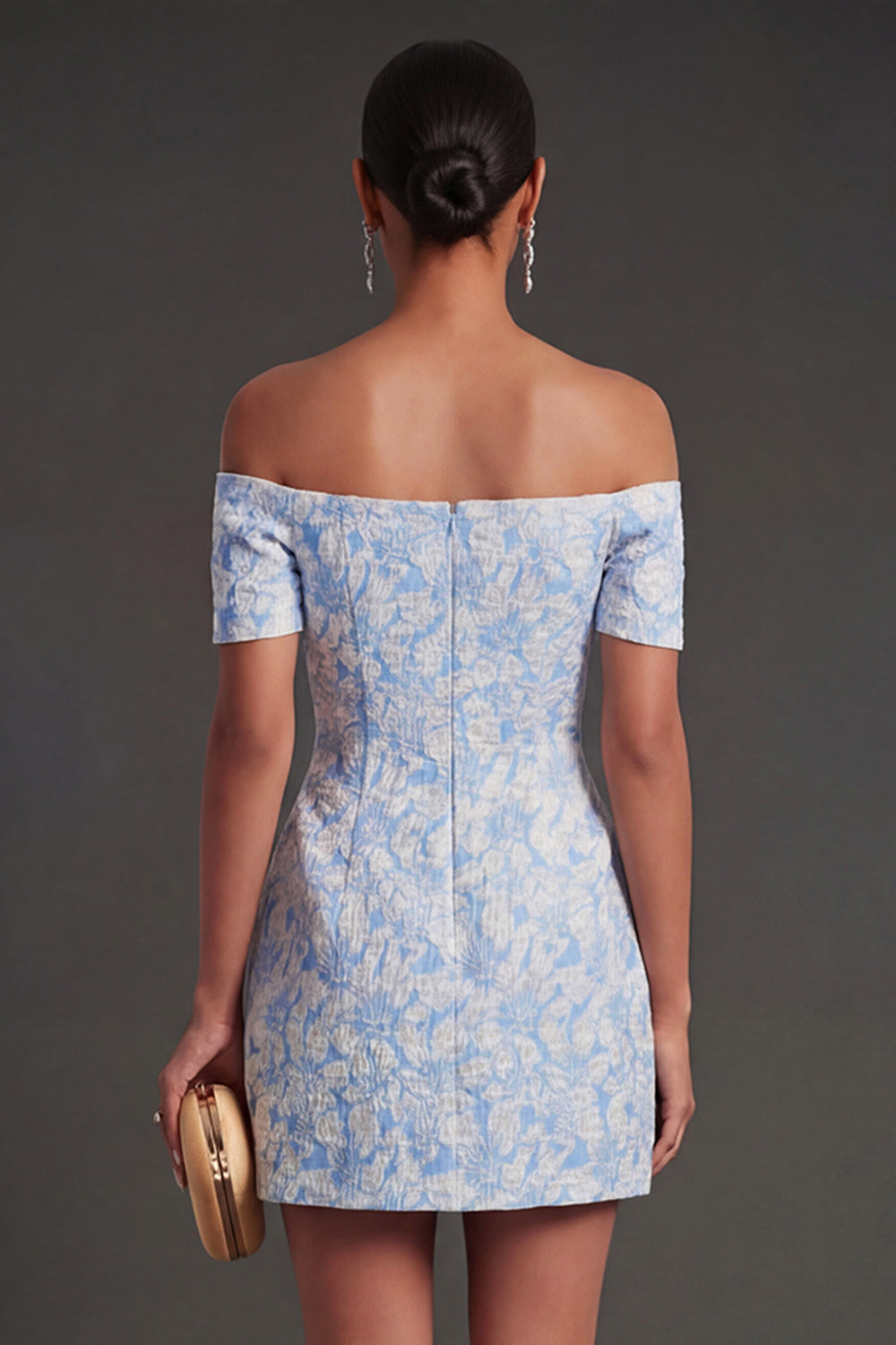 Jacquard Blue Floral Bodycon Short Summer Wedding Guest Dress