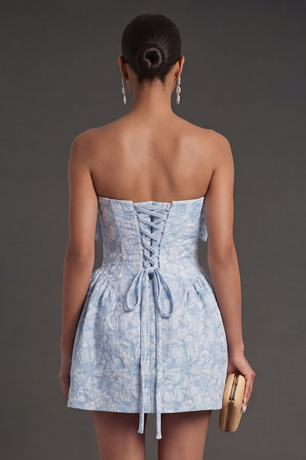 A Line Jacquard Blue Floral Short Summer Wedding Guest Dress