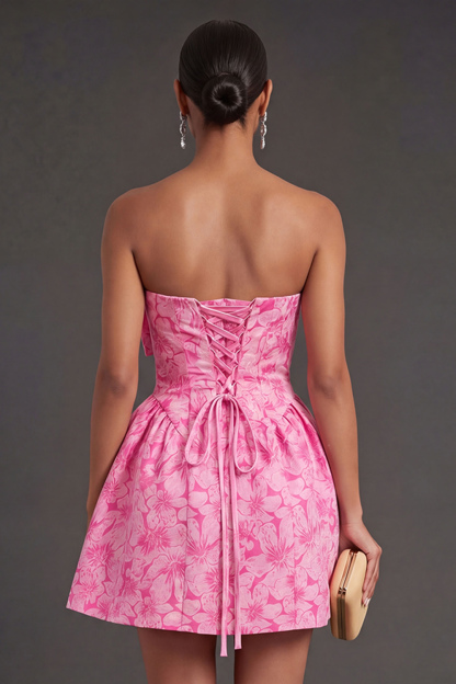 A Line Jacquard Blue Floral Short Summer Wedding Guest Dress