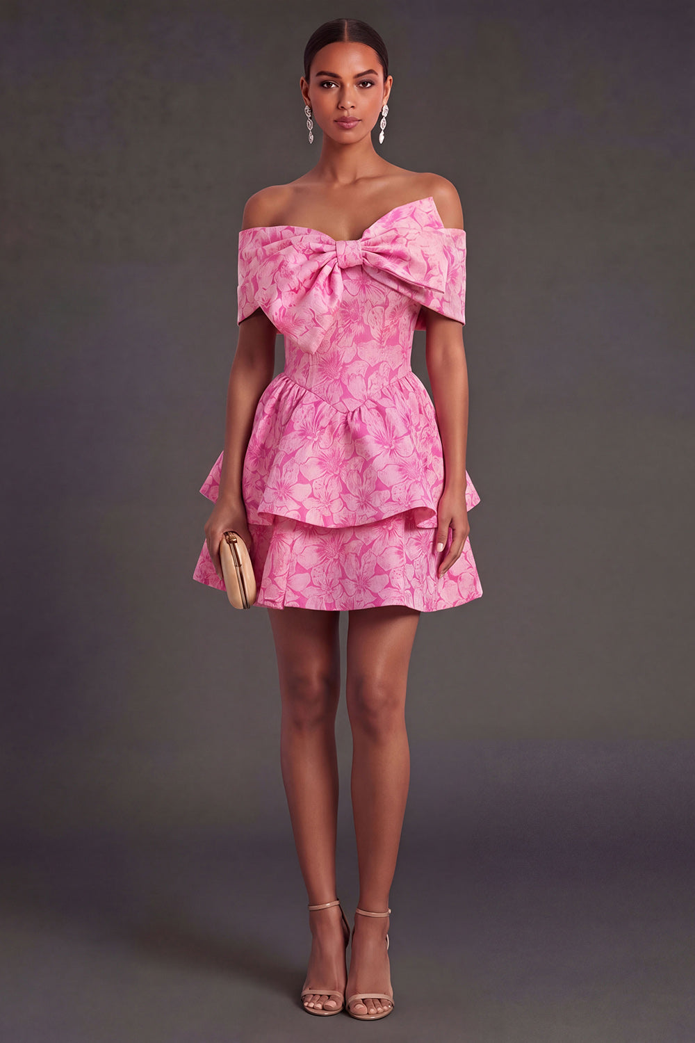 Leely Women Fuchsia Floral Ruffled Short Summer Wedding Guest Dress Off the Shoulder A Line Garden Party Dress