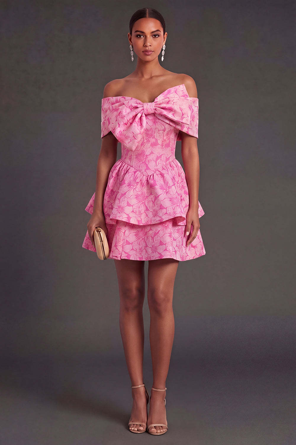Leely Women Fuchsia Floral Ruffled Short Summer Wedding Guest Dress Off the Shoulder A Line Garden Party Dress