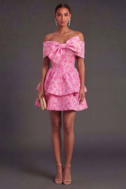 Leely Women Fuchsia Floral Ruffled Short Summer Wedding Guest Dress Off the Shoulder A Line Garden Party Dress