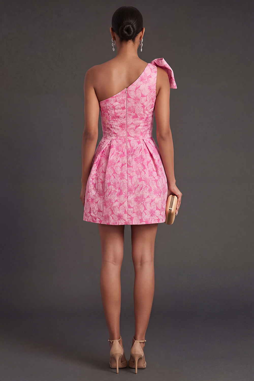 One Shoulder Floral Fuchsia Short Summer Wedding Guest Dress