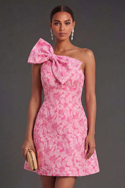 One Shoulder Floral Fuchsia Short Summer Wedding Guest Dress