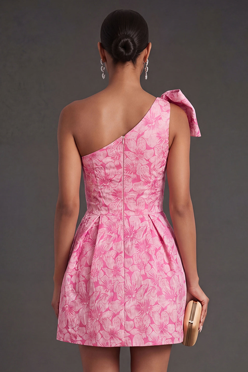One Shoulder Floral Fuchsia Short Summer Wedding Guest Dress