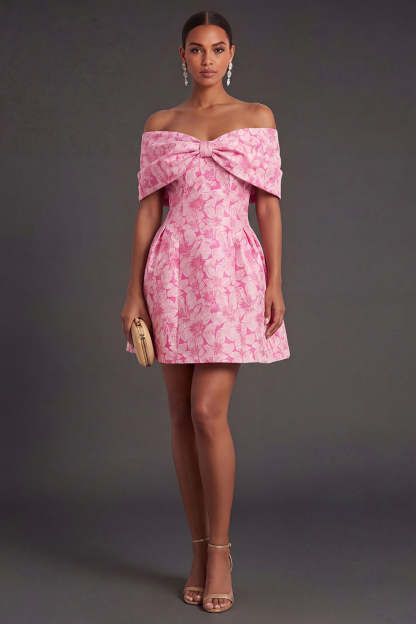 Leely Women A Line Backless Floral Fuchsia Wedding Guest Dress Off the Shoulder Sleeveless Garden Party Dress