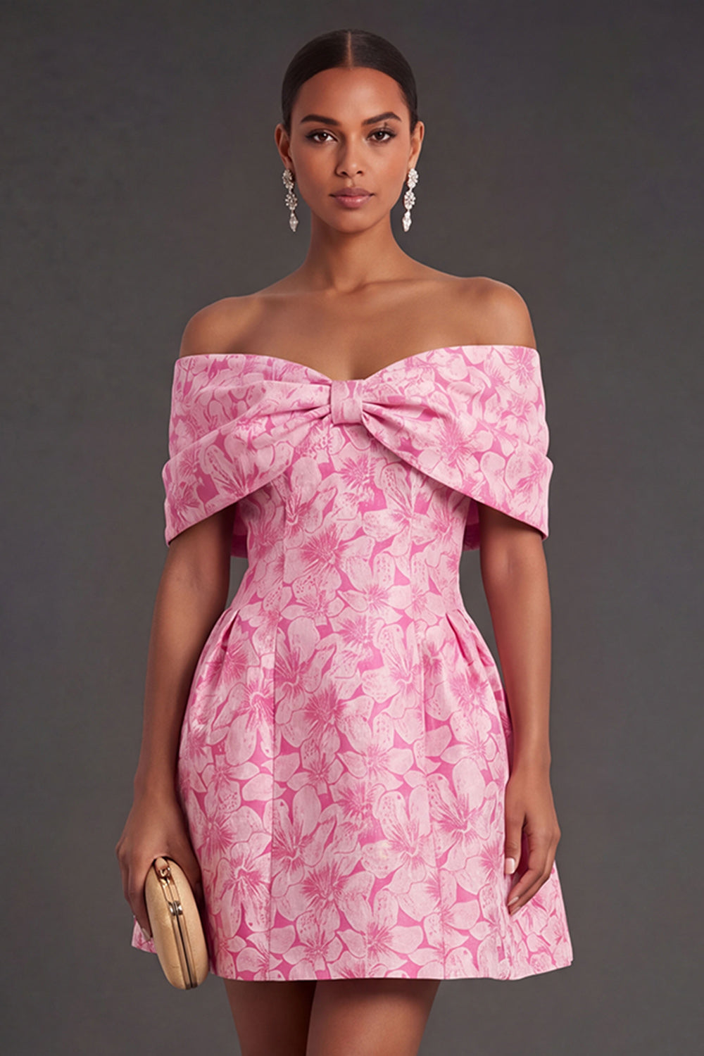 Leely Women A Line Floral Fuchsia Short Wedding Guest Dress Off the Shoulder Homecoming Dress