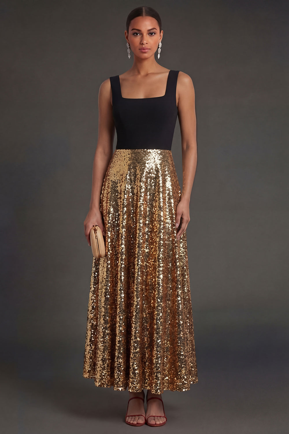 A Line Square Neck Black and Gold Sparkly Long Formal Dress