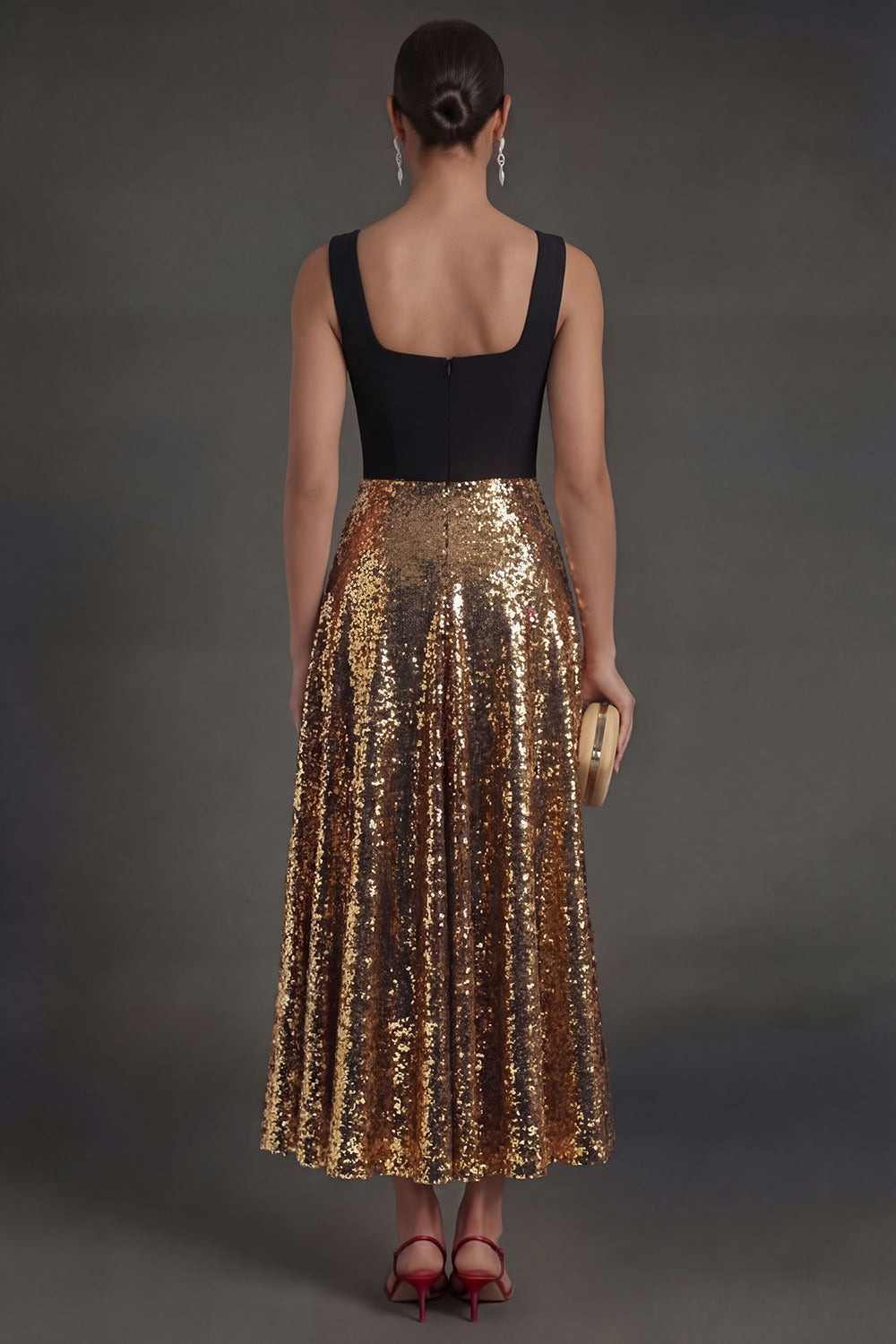 A Line Square Neck Black and Gold Sparkly Long Formal Dress