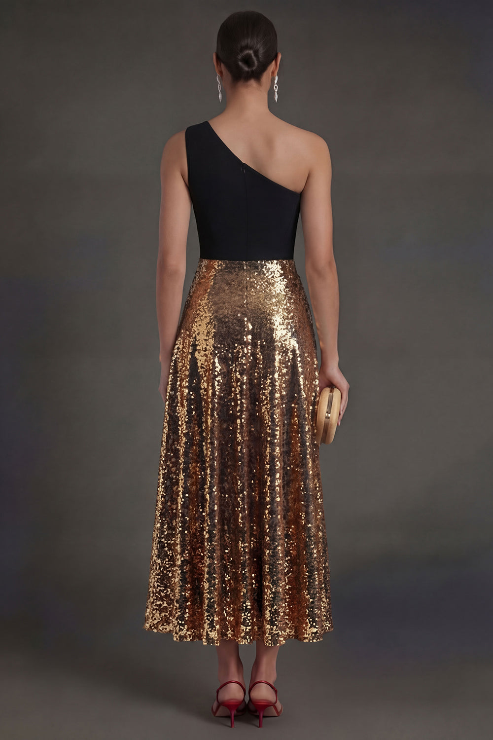 A Line One Shoulder Black and Gold Sparkly Long Formal Dress