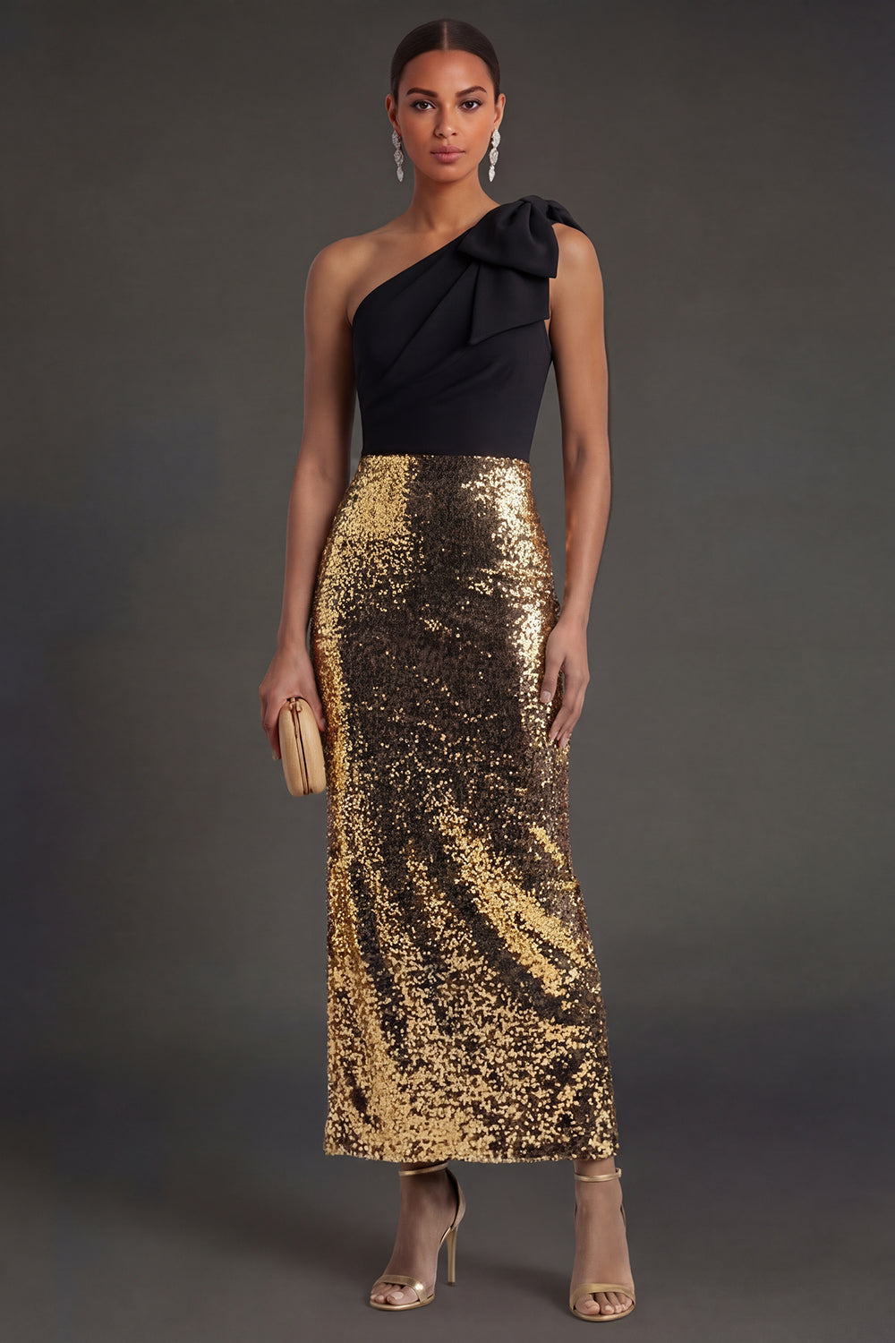 Leely Women Sheath Black and Gold Sparkly One Shoulder Long Formal Dress Backless Sleeveless Evening Dress