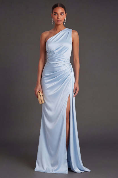 Leely Women Sky Blue Mermaid One Shoulder Long Formal Dress with Slit Backless Sleeveless Wedding Guest Dress