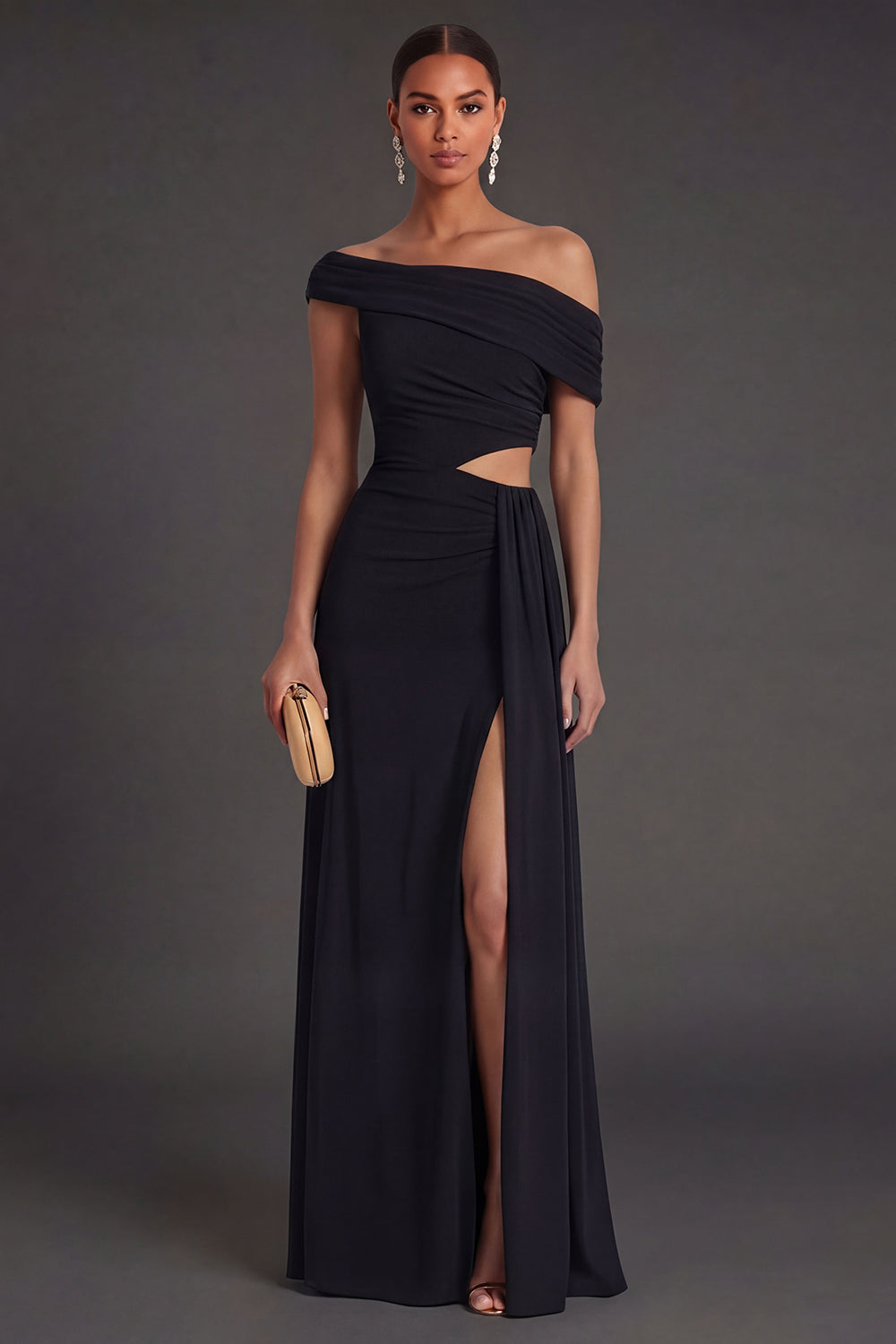 Leely Women Black One Shoulder Backless Long Formal Dress with Slit A Line Sleeveless Wedding Guest Dress