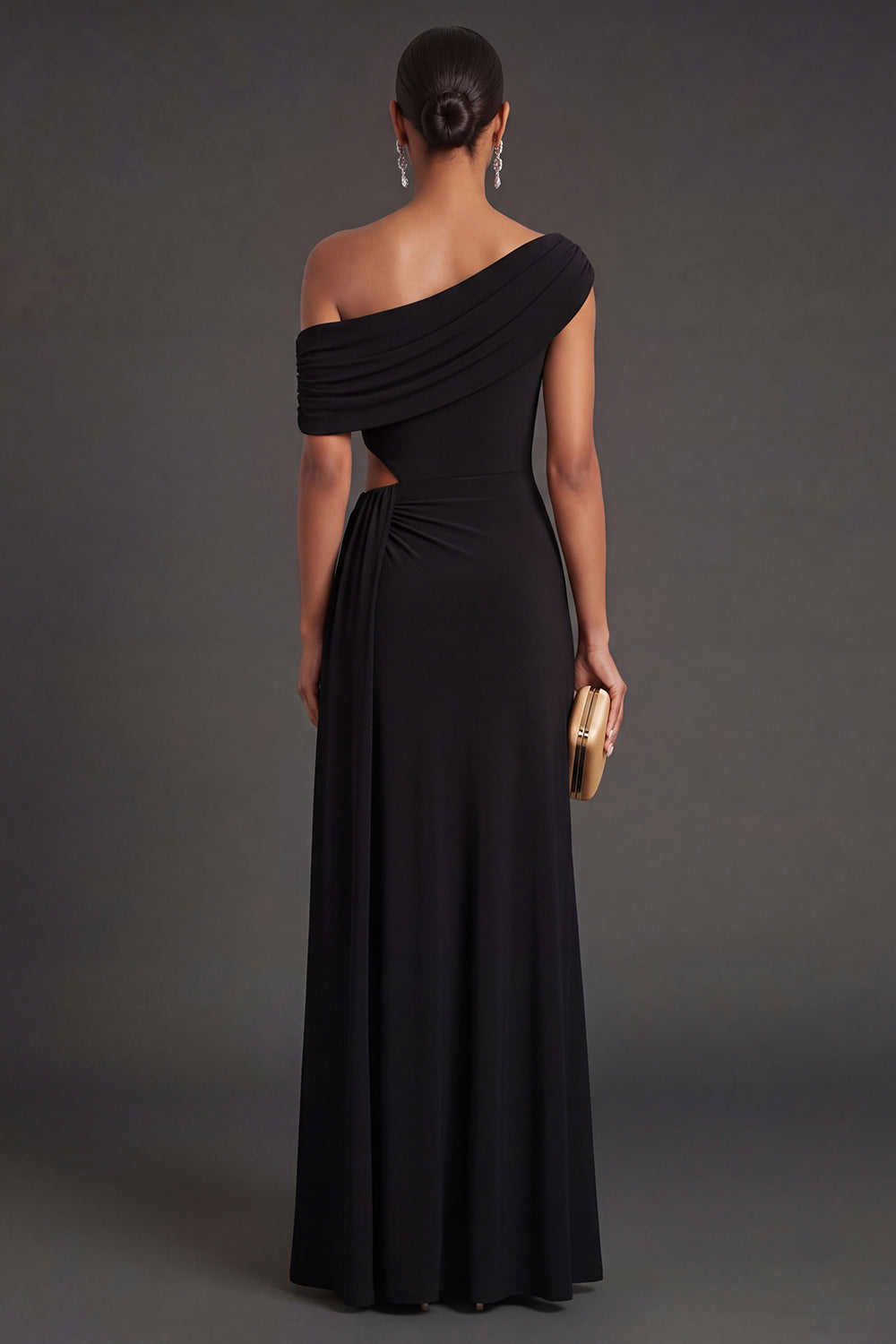 Black One Shoulder Backless Long Formal Dress with Slit