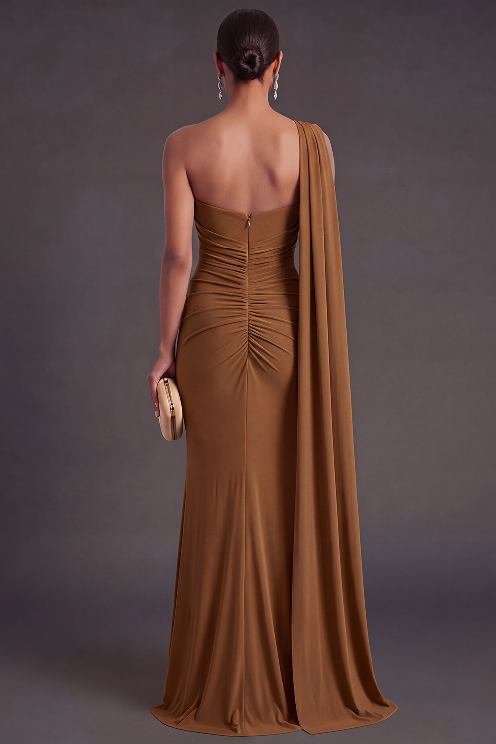 Ruched Olive Mermaid One Shoulder Long Formal Dress