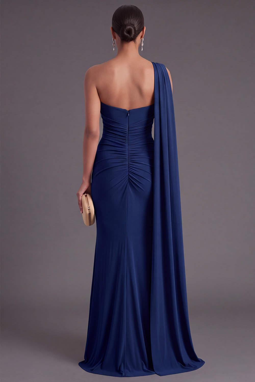 Ruched Olive Mermaid One Shoulder Long Formal Dress