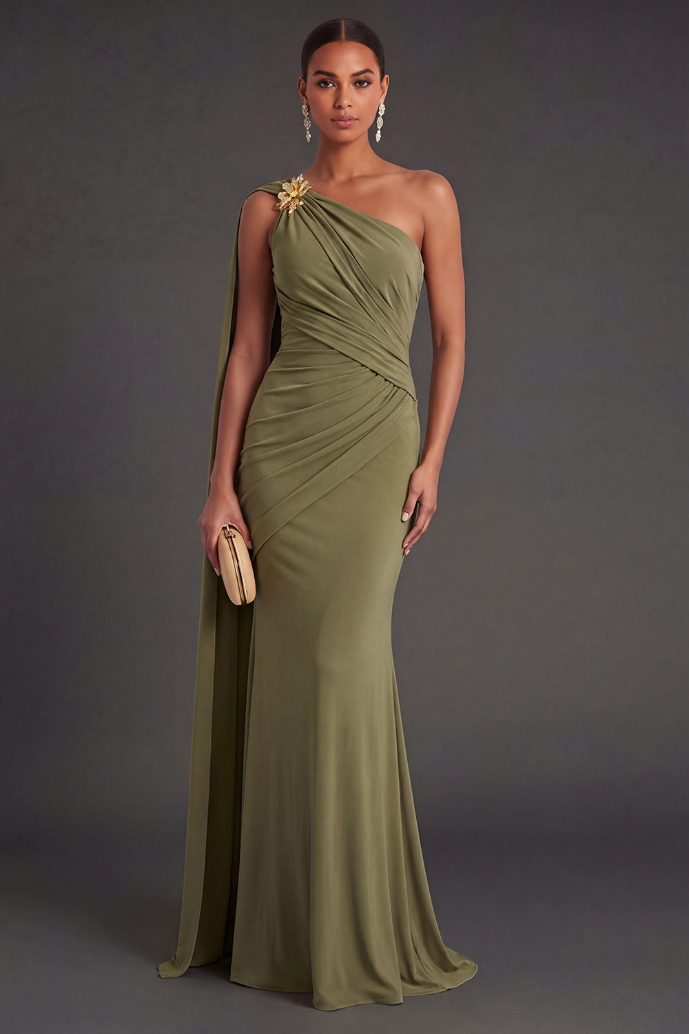 Leely Women Ruched Olive Mermaid One Shoulder Long Formal Dress Backless Sleeveless Wedding Guest Dress