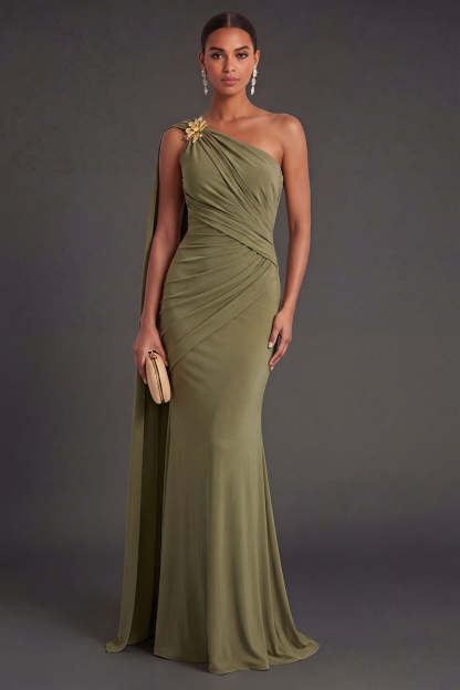 Leely Women Ruched Olive Mermaid One Shoulder Long Formal Dress Backless Sleeveless Wedding Guest Dress