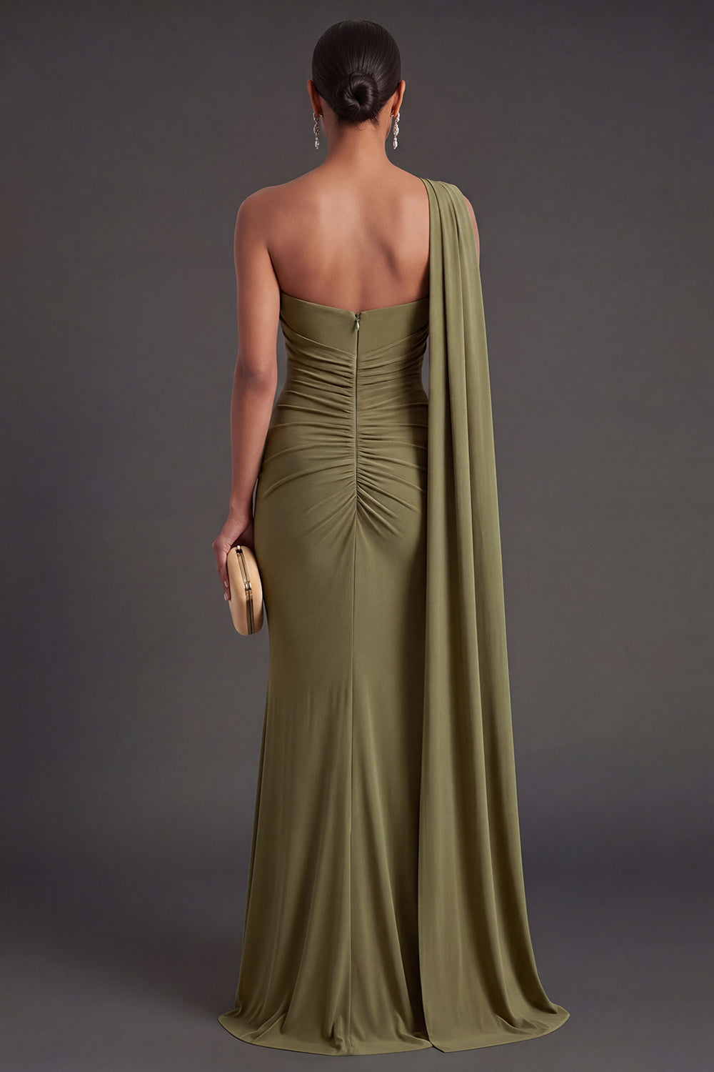 Ruched Olive Mermaid One Shoulder Long Formal Dress