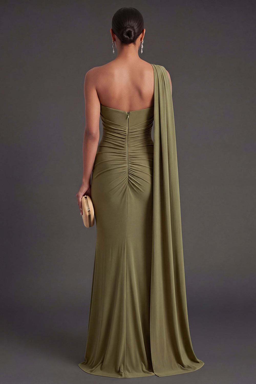 Ruched Olive Mermaid One Shoulder Long Formal Dress