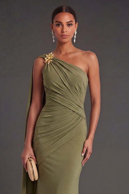 Ruched Olive Mermaid One Shoulder Long Formal Dress