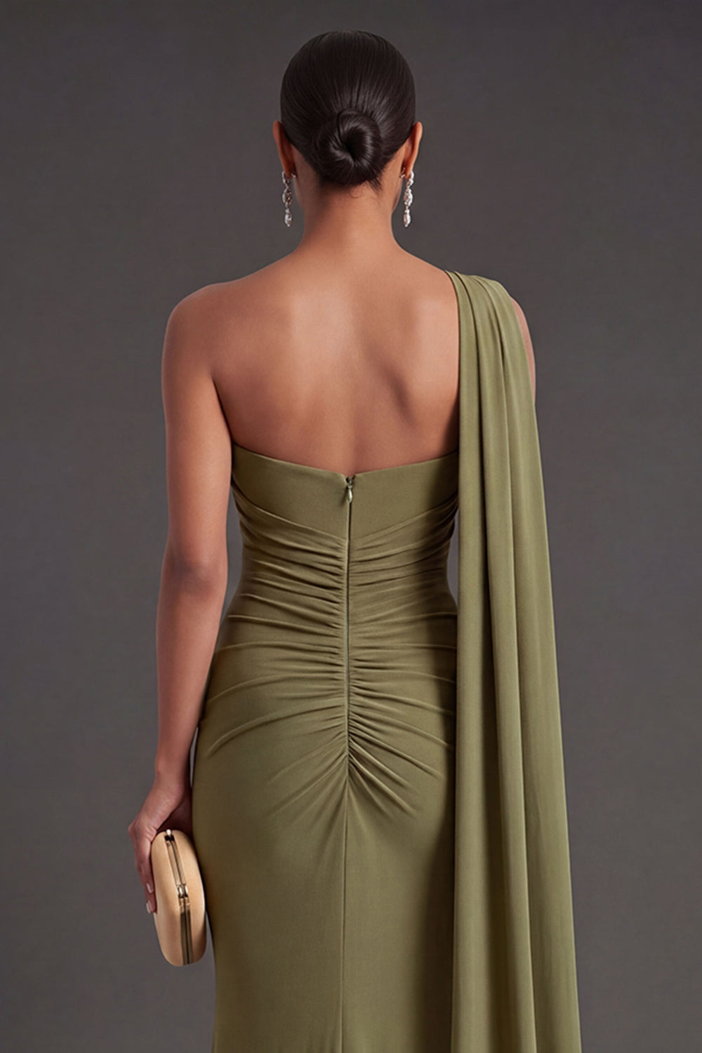 Ruched Olive Mermaid One Shoulder Long Formal Dress