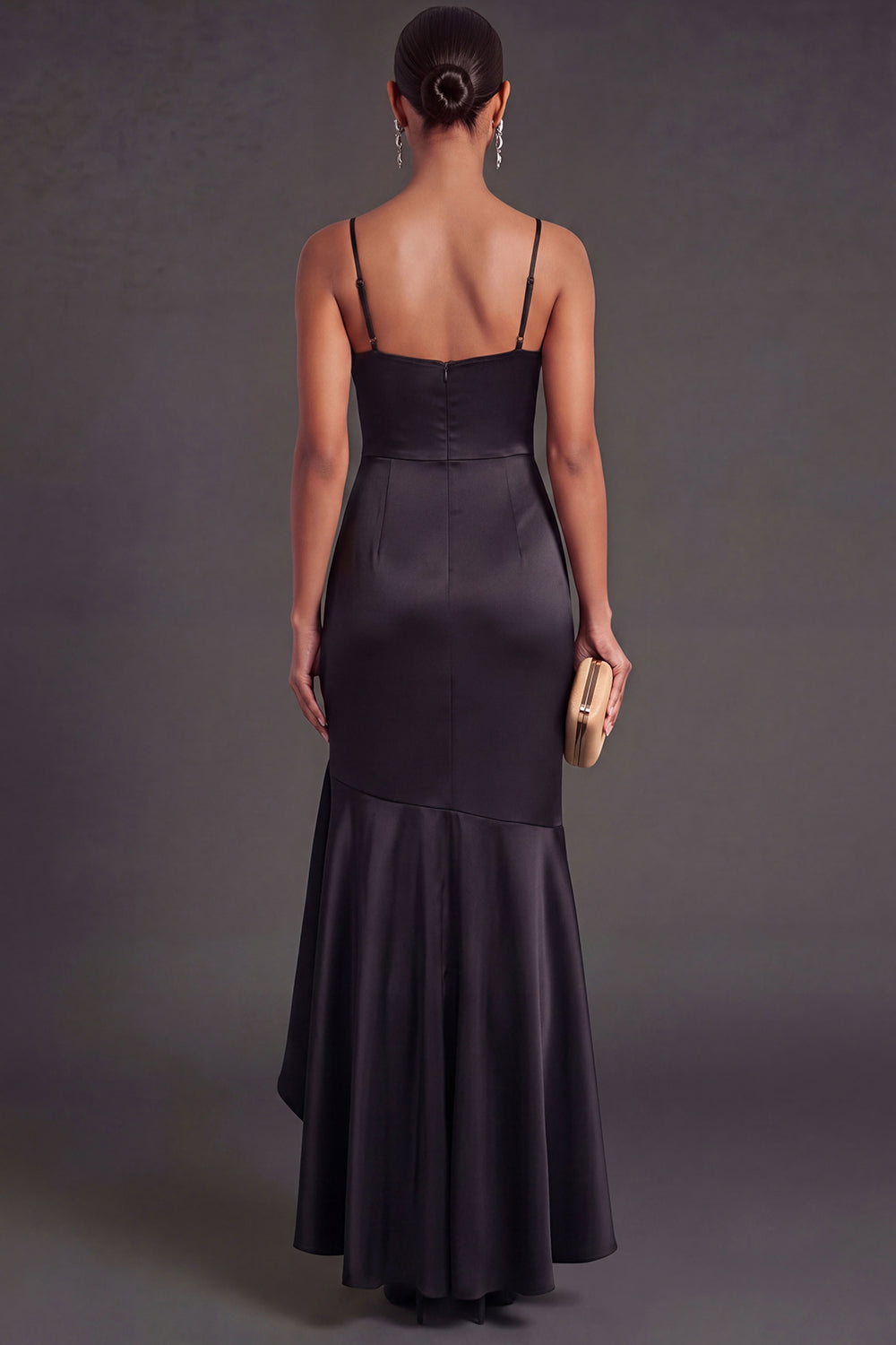 Ruffled Satin Black Mermaid Long Formal Dress with Slit