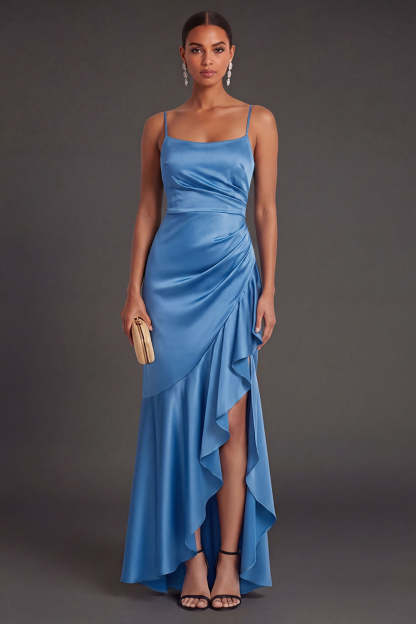 Ruffled Satin Black Mermaid Long Formal Dress with Slit